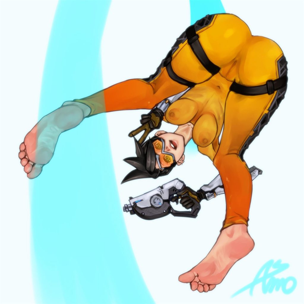 Tracer posing see trough suit
