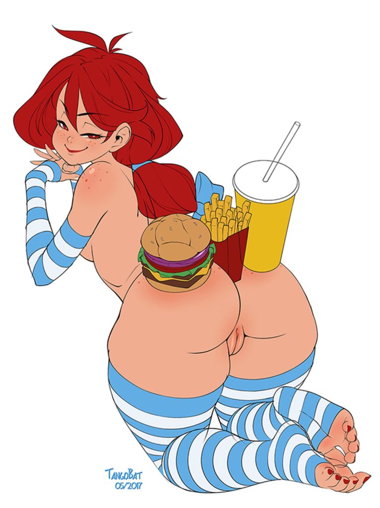 Wendys Mascot serving burgers and fries on her ass
