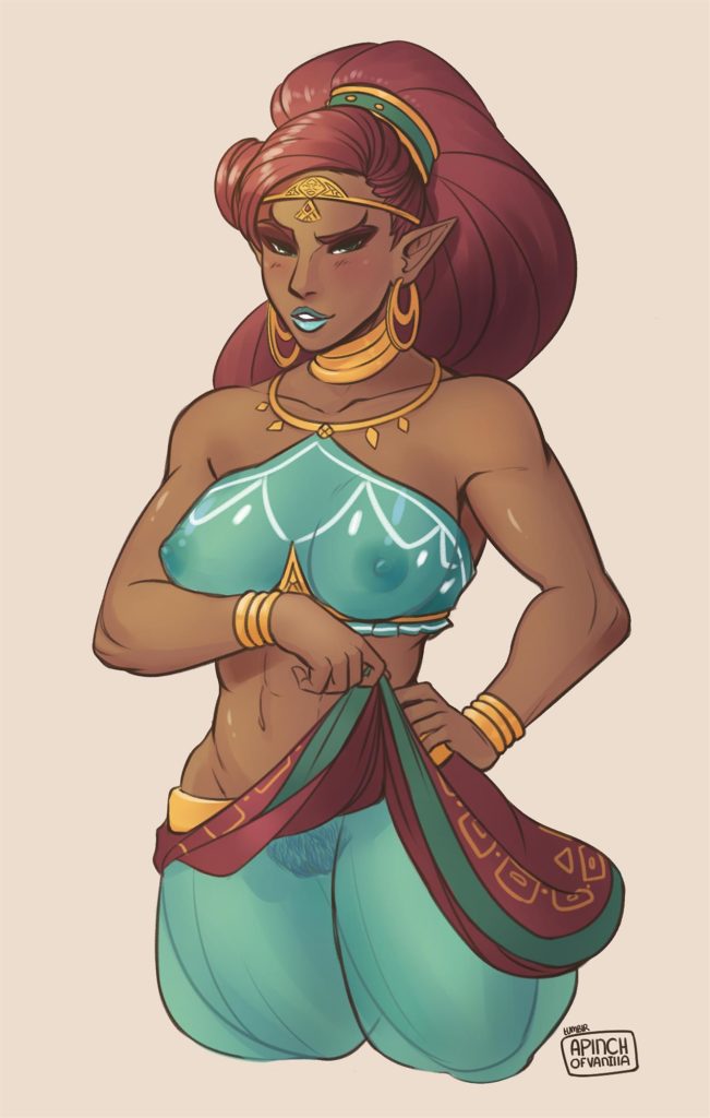 Urbosa wearing a gerudo see trough dress lifting up her skirt exposing her hairy pussy