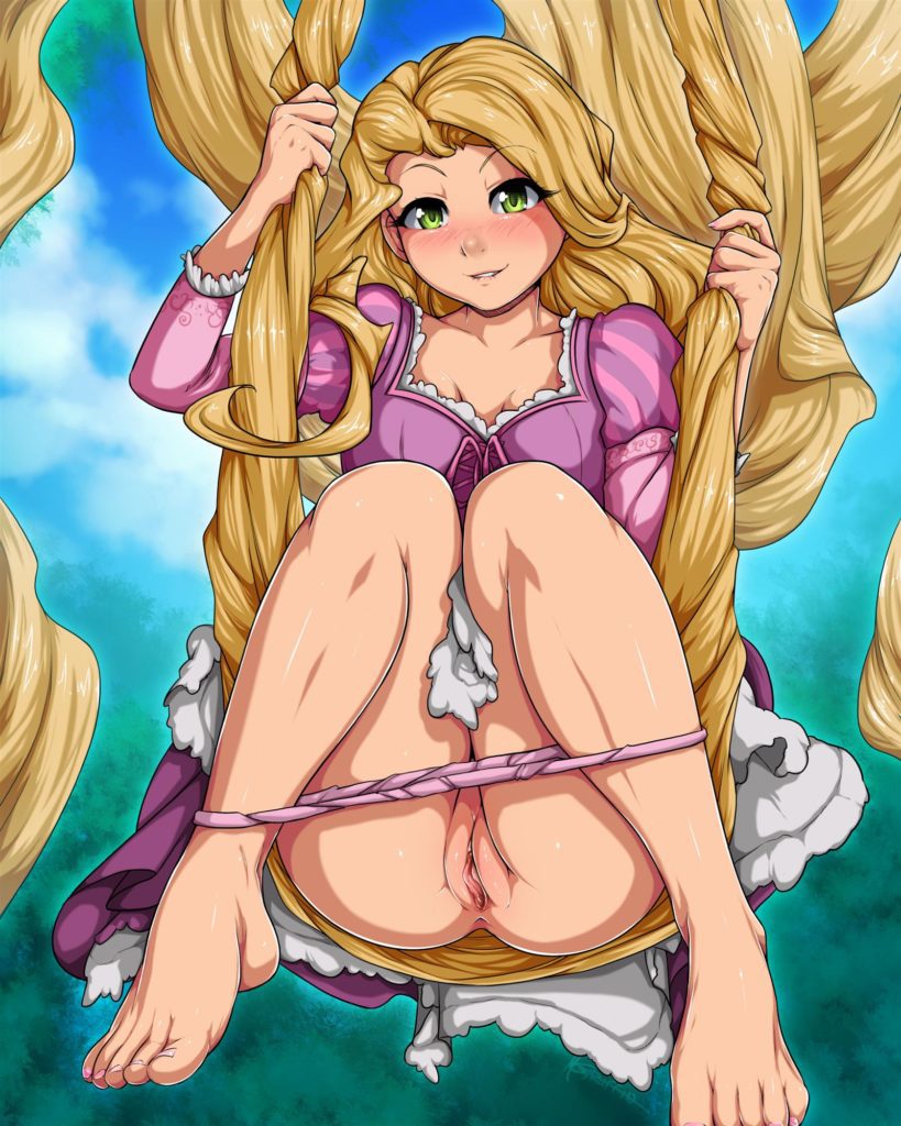 Rapunzel swinging from her hair with an upskirt view of her pussy