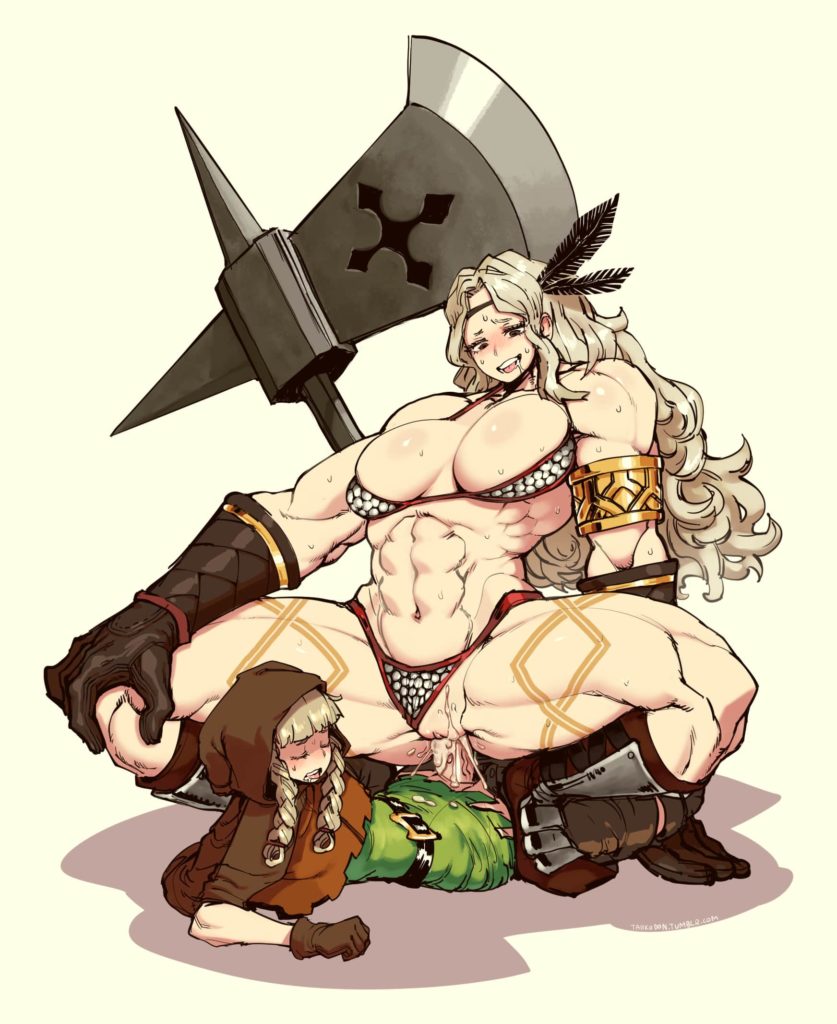 Super muscular Amazon riding on the Elfs dick