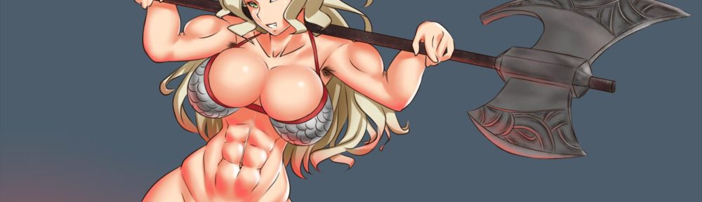 Muscular Amazon posing with her halberd nude
