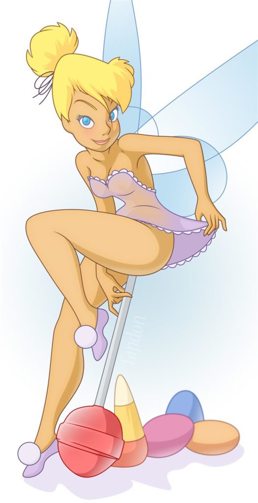 Tinkerbell the fairy in lingerie inserting a lollypop in her pussy