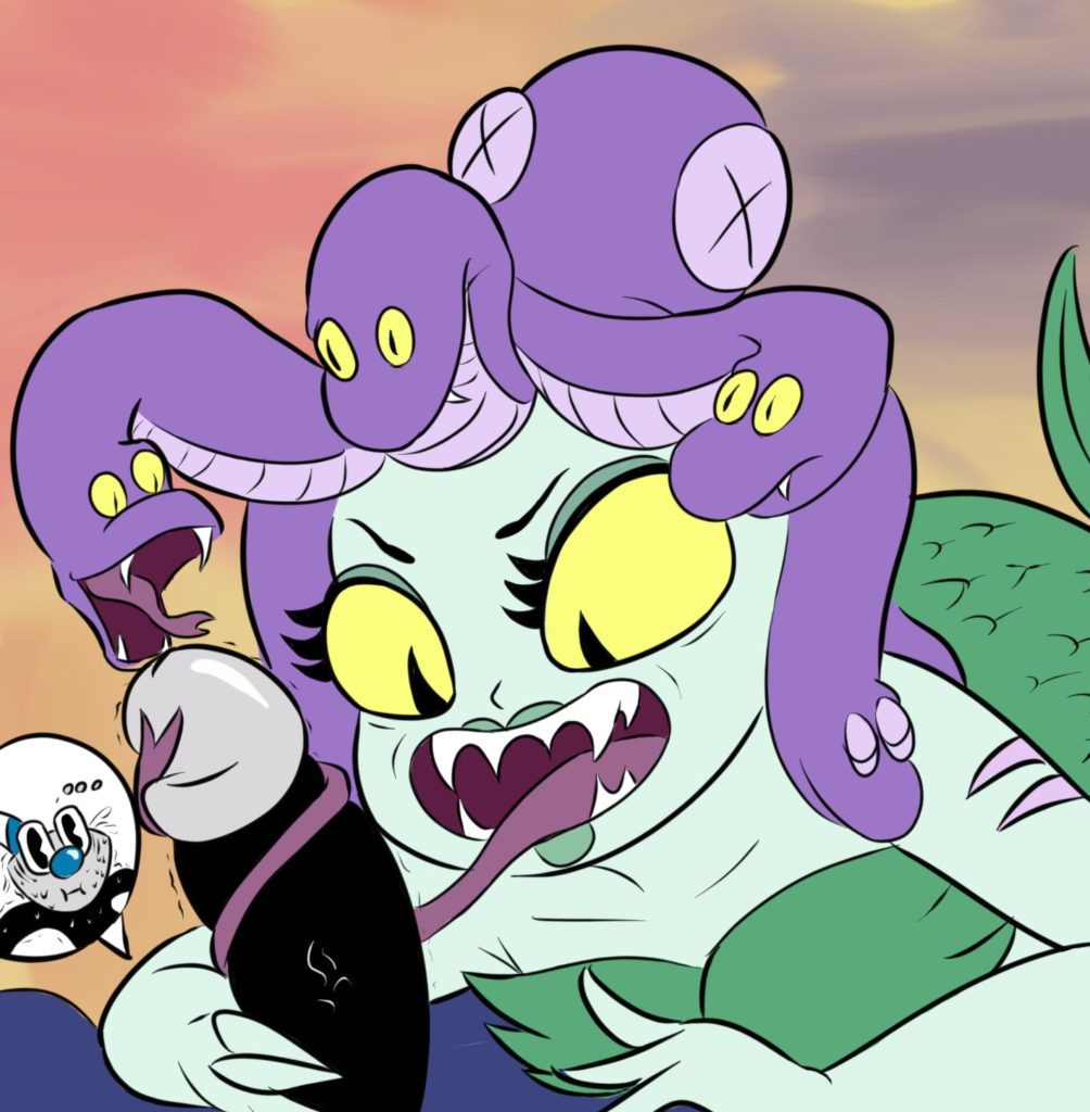 Cala Maria grabs Cupheads dick with her tongue