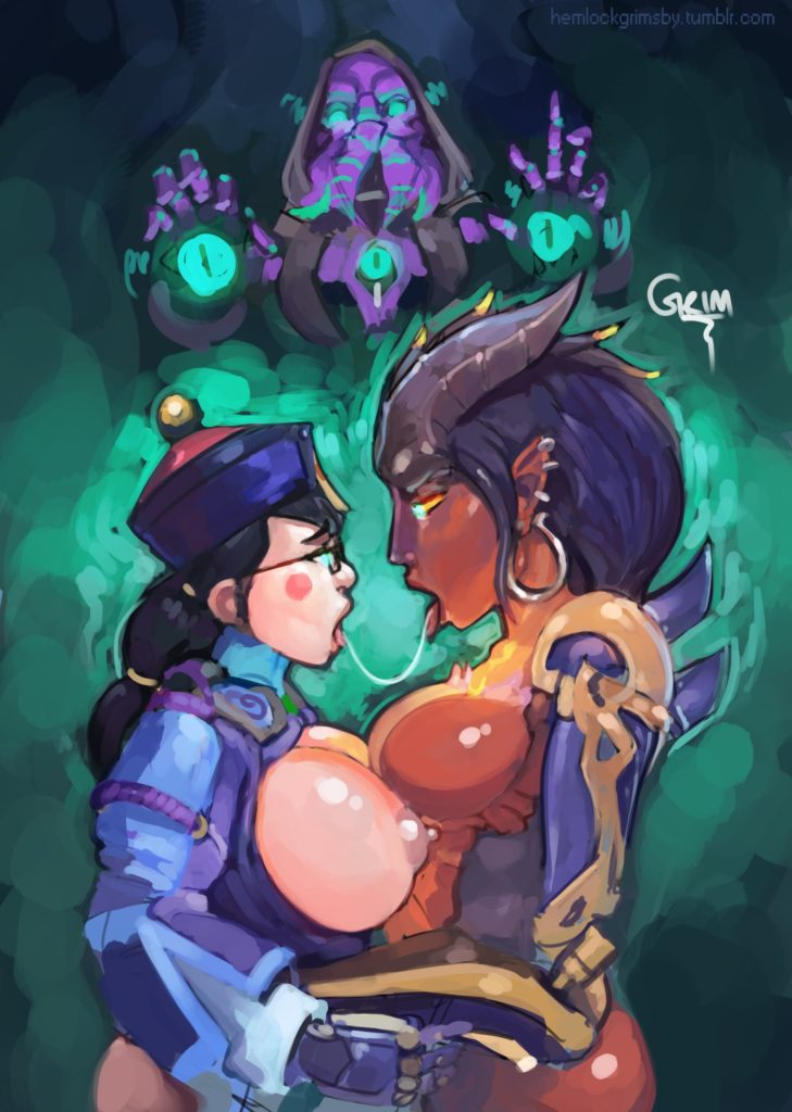 Mei and Dragon Symmetra dripping saliva after kissing