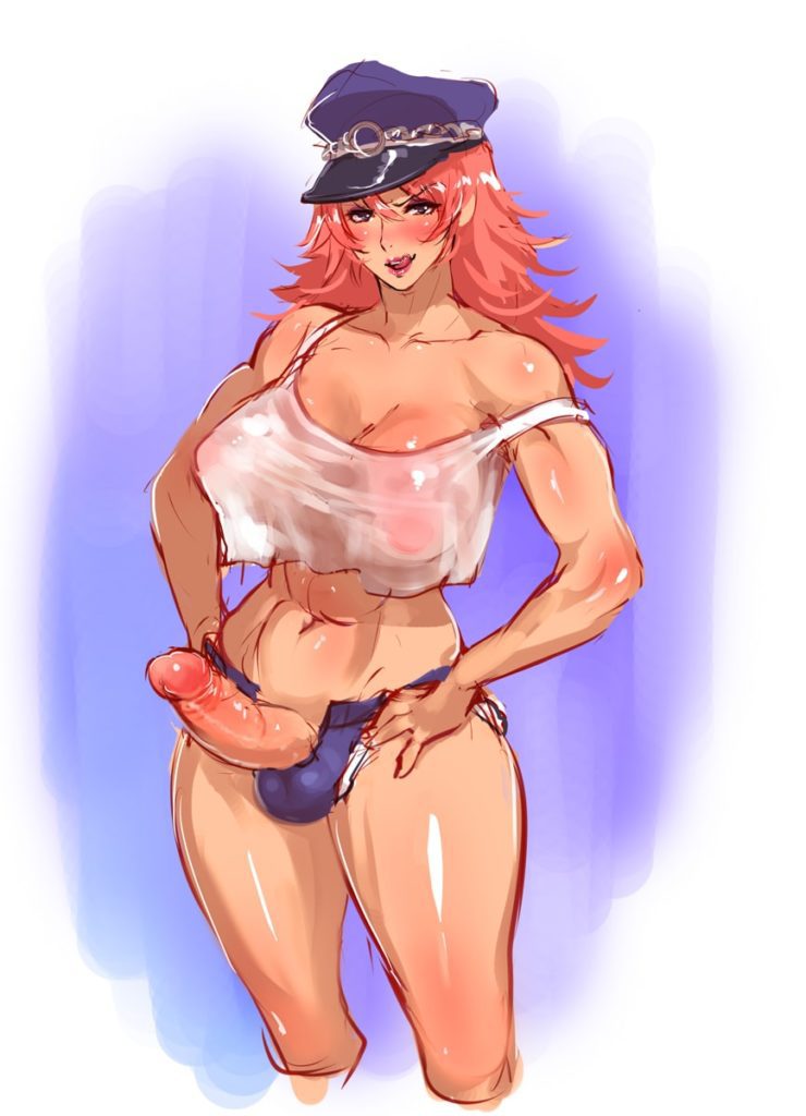 Poison in a wet shirt and with her dick out