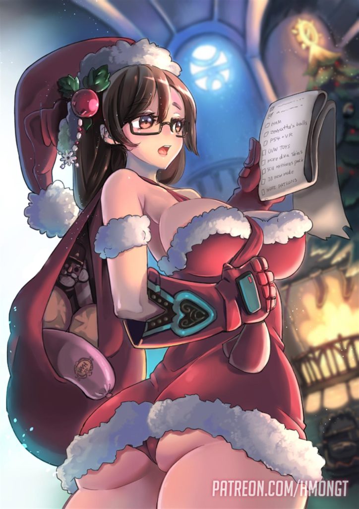 Mei is wearing a short christmas skirt