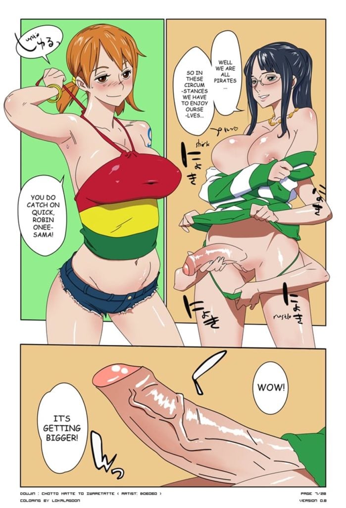 Nami and Robin about to fuck using Robins new futa dick Hentai Manga
