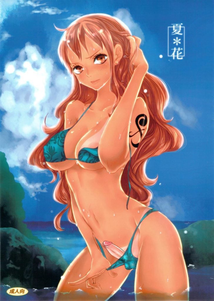 Nami in a bikini with her dick poking out