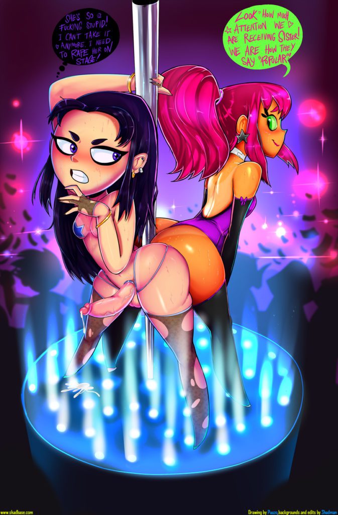 Raven and Starfire grinding their asses on a strippers pole