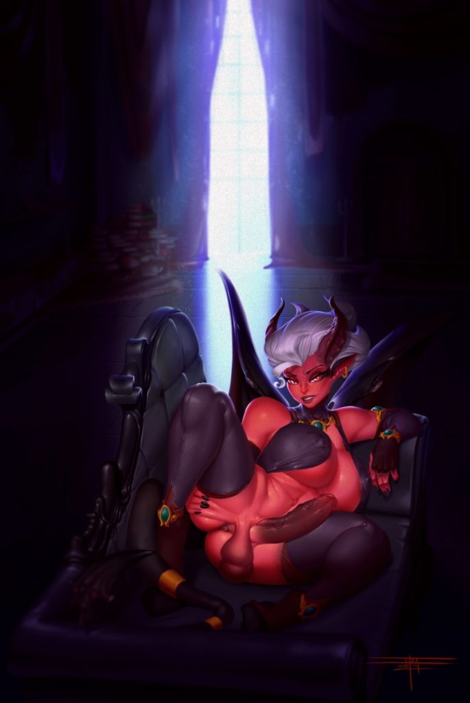 Red demon dickgirl spreading her legs in a dark room