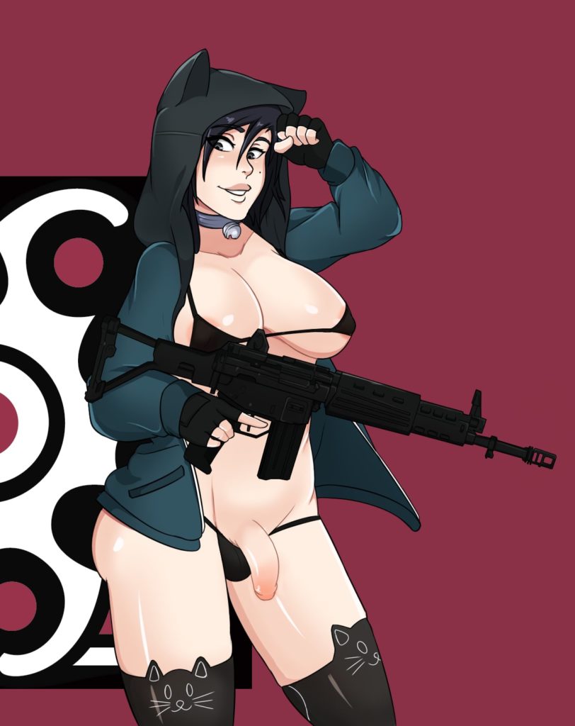 Futa Yumiko holding a gun with her dick out