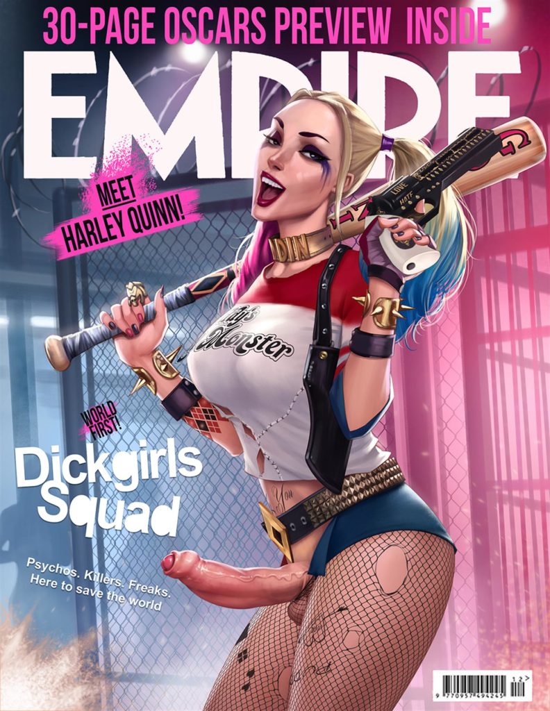 Futanari Harley Quinn from dickgirls squad on the cover of a magazine