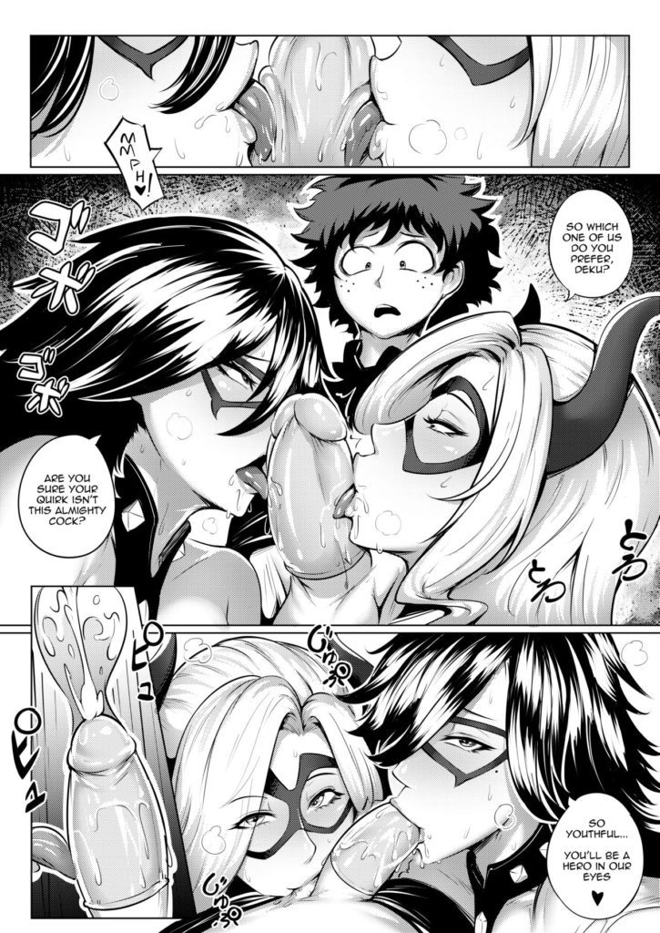 Mount Lady and Midnight giving Deku a blowjob