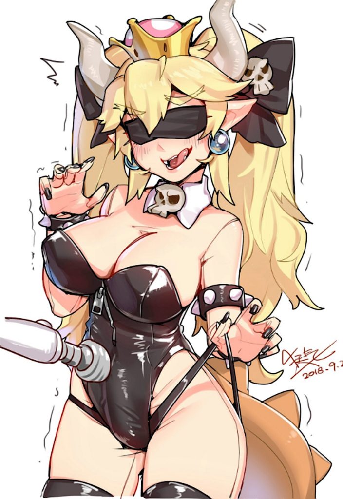 Futa Bowsette wearing a sexy outfit with a blindfold and getting her dick stimulated with a magic wand vibrator