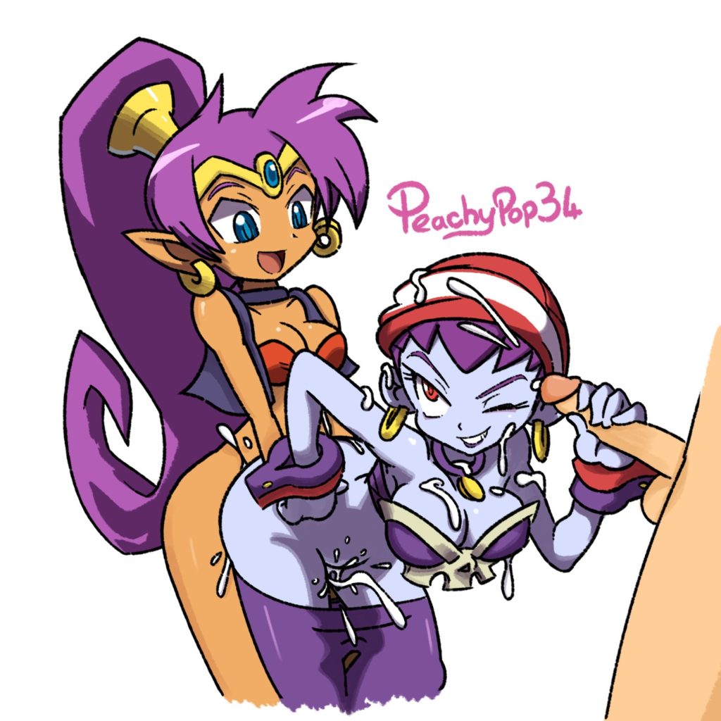 Futanari Shantae having sex with Risky Boots and giving her a creampie from behind