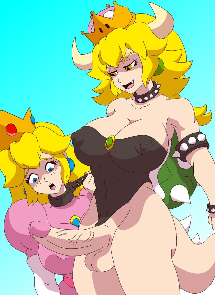 Princess Peach surprised by the size of futa Bowsette's dick